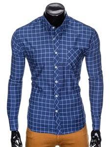 3901084 men s check shirt with long sleeves k417 navy light blue